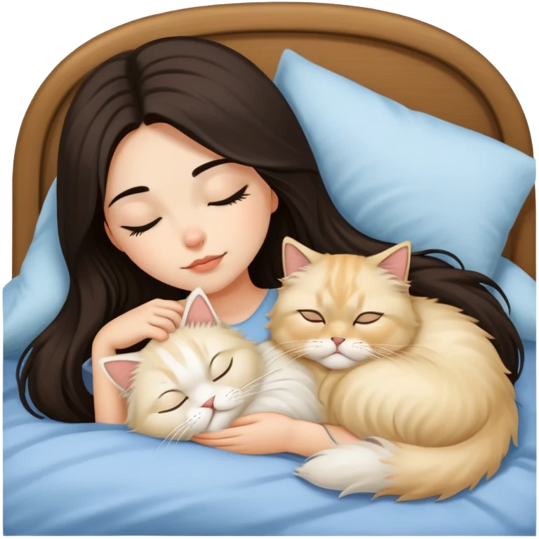 pretty girl with dark long hair sleeping with blonde fluffy  persian cat in bed emoji