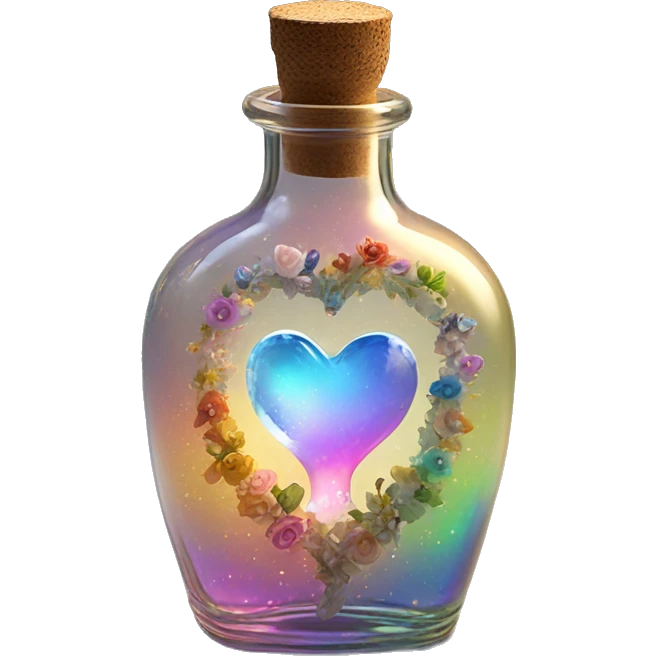 Antique oil heart bottle made of crystal glass of all gentle colors of the light rainbow, a living flower fairy sits at the bottom of the bottle emoji