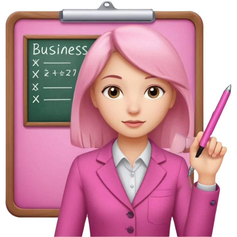 pink board with a girl writing on it and on the board there are graphs and a title "Businss emoji