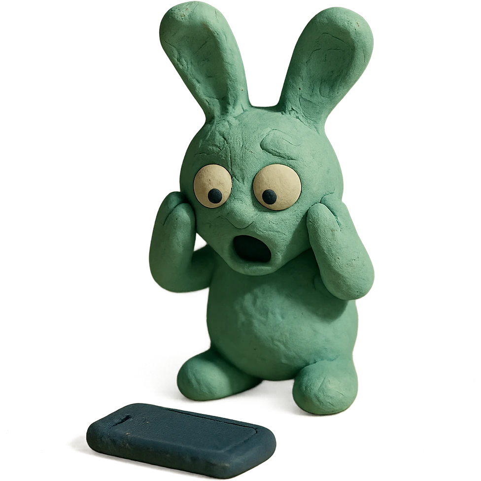 mint bunny shocked looking at phone on ground, claymation style emoji