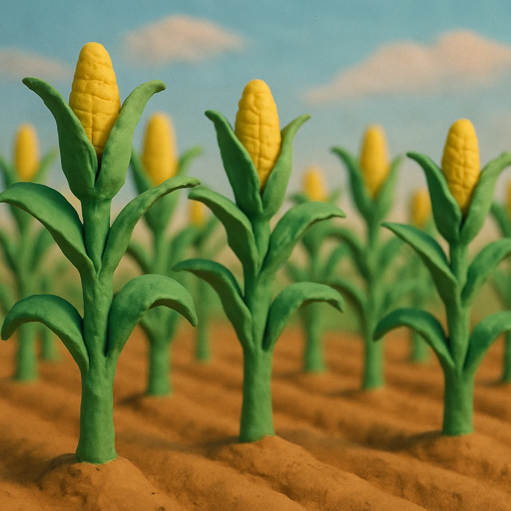 rows of tall corn stalks with green leaves and yellow corn in a corn field, soft pastel colors, blue sky, claymation style emoji