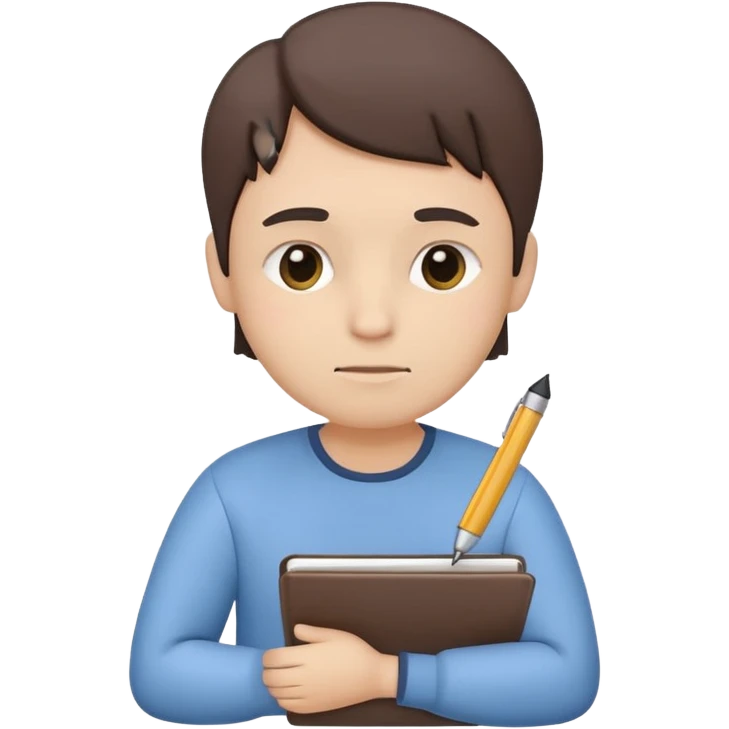 simplified human character holding a notebook and pen, thoughtful facial expression, slightly tilted head, planning life and goals, calm and focused mood, flat custom emoji sticker, pastel colors, rounded shapes, minimal details, thick outline, white background, no text emoji