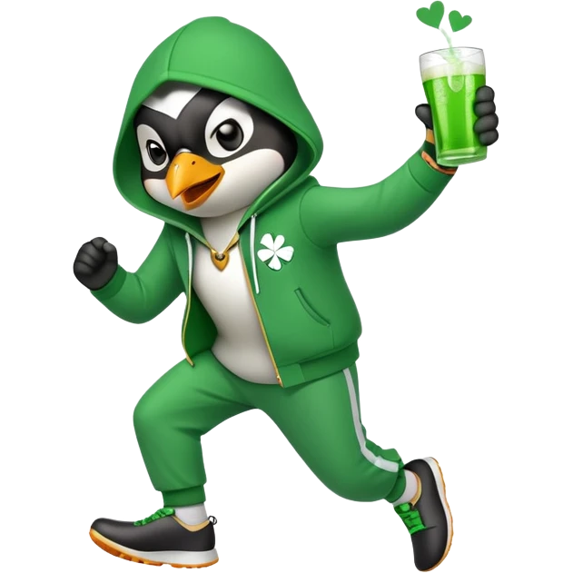 full body friendly anthropomorphised penguin wearing green mafia-style tracksuit, angry, running aggressively, shamrock accessory, no drink emoji