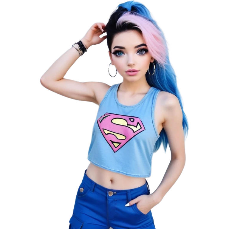 Tall-Larger female upper body-very excited-very-beautiful-face-white torn cargo pants-light-pink-lips-very long-very-straight-dark-blue-ombre-hair-and-blue-eyes-thick-black-eyeliner-thick-long-eyelashes-sky-blue-superman-tank-top-with-glitter-and-silver-hoop-earrings emoji