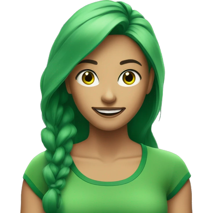 A woman in a green sports top with long green hair smiles broadly. Green eyes. Green skin emoji
