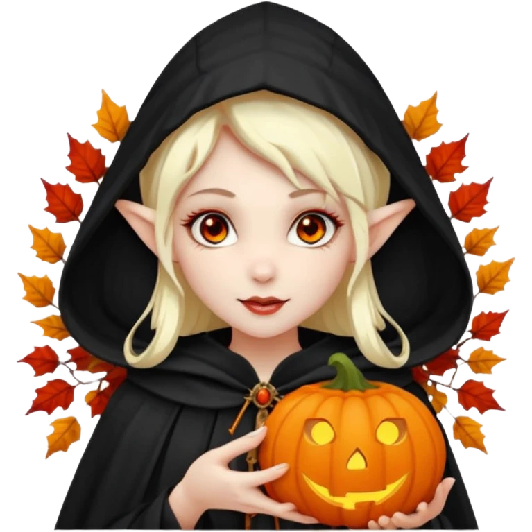 female elf vampire emoji, pale skin, red eyes, elegant face, autumn leaf and pumpkin wreath on head, black hooded cloak with cobweb details, holding small glowing pumpkin lantern, Halloween fantasy theme, Apple emoji style, clean white background, square emoji