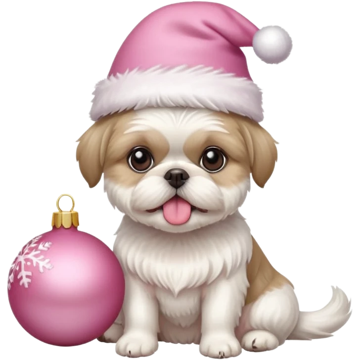 one white all over little shih tzu dog short hair with tongue hanging out sitting with light pink christmas hat sitting next to pink ornament emoji