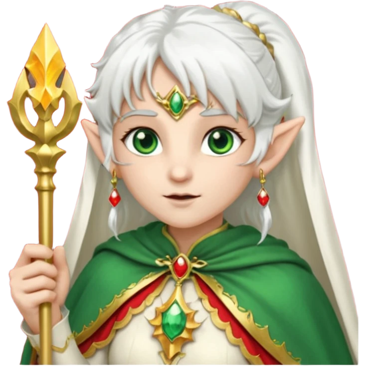 an elf with very white hair and two long PONYTAILS on the side of her head, she has a curtain bang, green eyes, she has a white cape with golden borders and a scepter with a red orb, she has earrings that look like red drops emoji