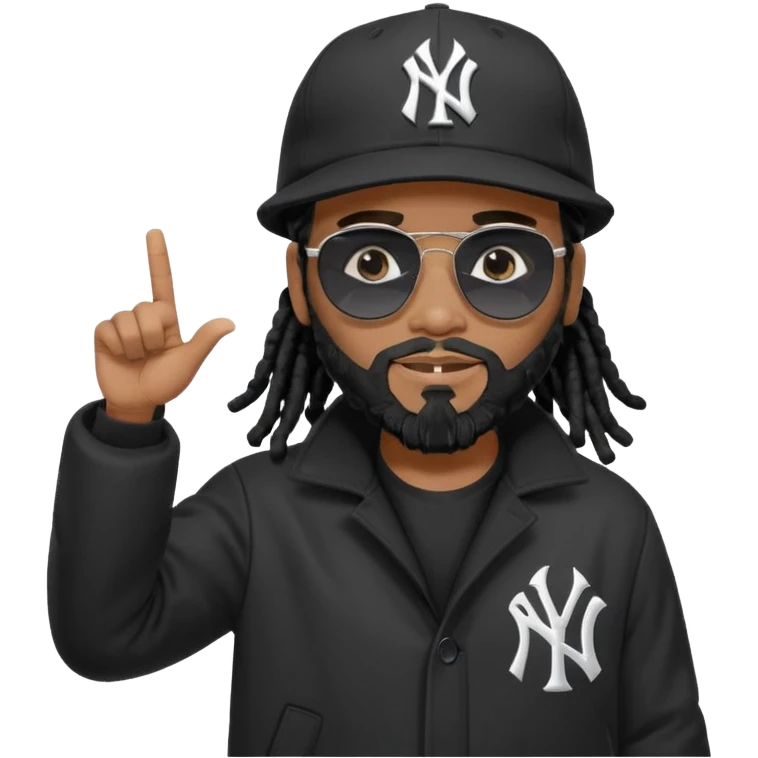 African American man with shoulder length black dreadlocks with black beard wearing black sunglasses wearing a black New York Yankees logo baseball cap wearing a black bubble winter coat pointing to sky emoji