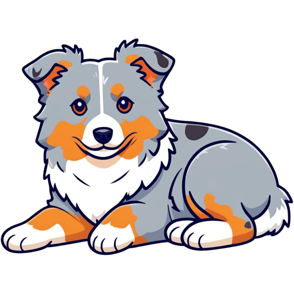 Merle Australian Shepherd dog laying down, spotted blue merle coat, fluffy fur emoji
