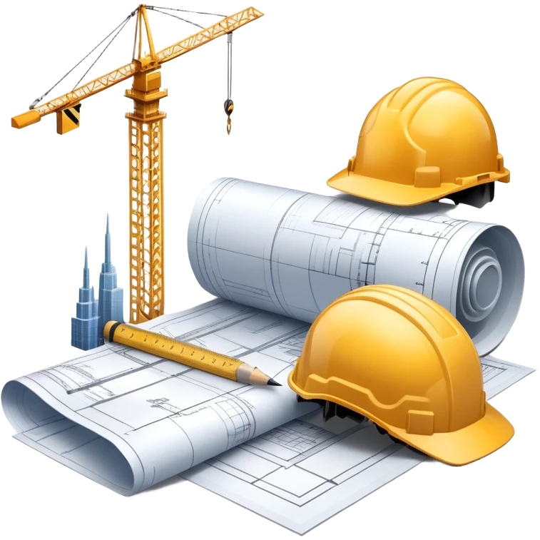 An icon featuring blueprints, a compass, and a construction helmet, symbolizing architecture and construction. The design includes building structures, cranes, and a ruler, representing the design and creation of buildings and urban planning. Transparent background. emoji