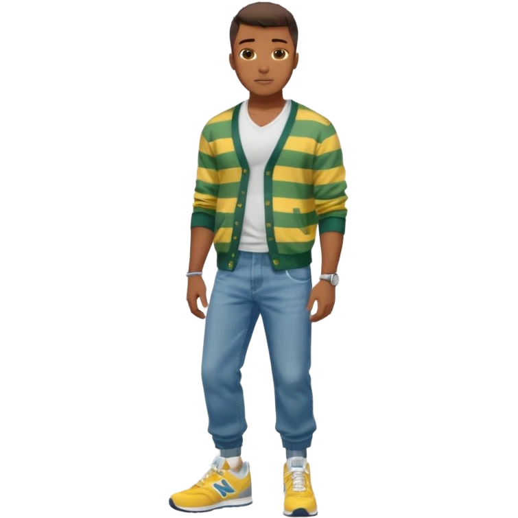 Handsome Black guy with brown skin tone, with lean muscular build, wearing baggy blue jeans, a white v-neck t-shirt, a yellow and green striped cardigan sweater, and grey new balance sneakers  emoji