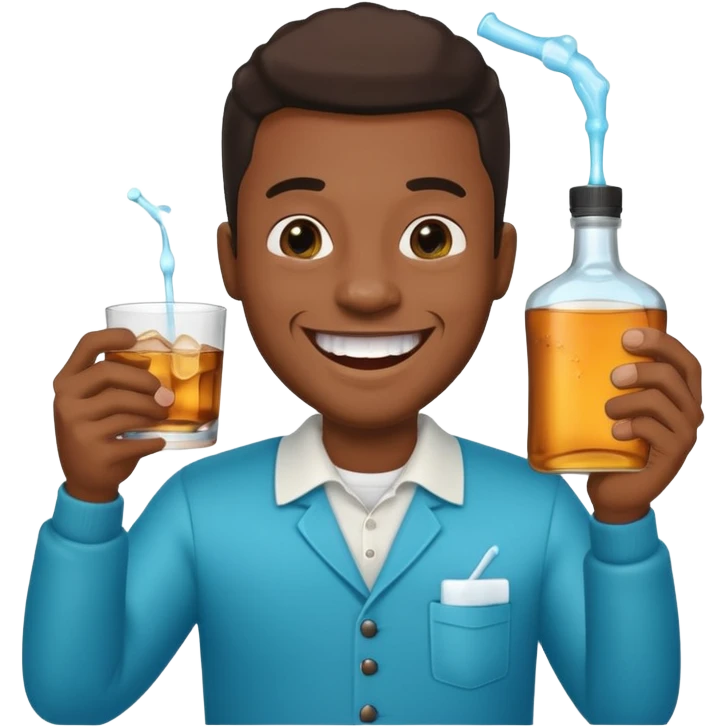 Black man grinning, holding mouthwash and whiskey, teeth sparkling, emoji style emoji