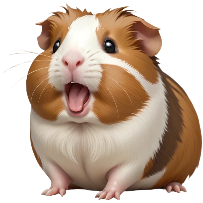 Cinematic Cute Yawning Brown and White Banded Guinea Pig Portrait Emoji, Head tilted slightly with a dramatic, wide-open yawn, revealing a soft, banded fur of brown and white with tiny, droopy ears, round dark eyes barely open in drowsy contentment, Simplified yet irresistibly adorable features, highly detailed, glowing with a soft, cozy glow, high shine, relaxed yet expressive, stylized with a touch of whimsy, bright and endearing, soft glowing outline, capturing the essence of a sleepy yet affectionate guinea pig, so drowsy it feels like it could stretch out of the screen and curl up for a nap! emoji