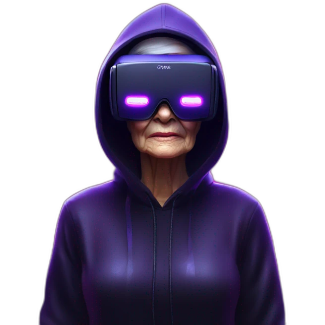 Russian old woman wearing a black hoodie with "OMG" letters on it and VR headset in a cyberpunk VR environment with violet neon lighting. emoji