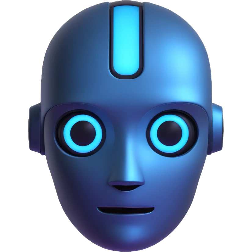 AI robot head with soft blue glow, friendly but mysterious expression, futuristic vibe emoji