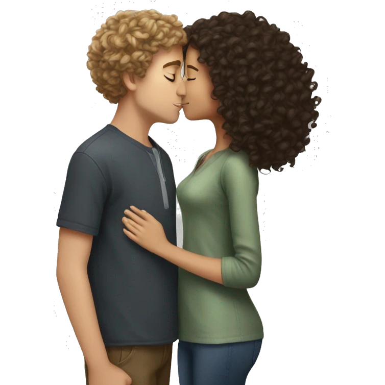 brunette girl kissing curly hair taller boy emoji