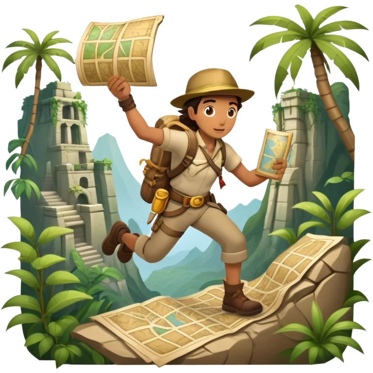 An icon featuring an adventurer in a dynamic action pose, with treasure maps, ancient ruins and jungle landscapes in the background. The design includes clues, hidden passages and climbing gear, symbolizing the thrill of exploration and discovery. Transparent background. emoji
