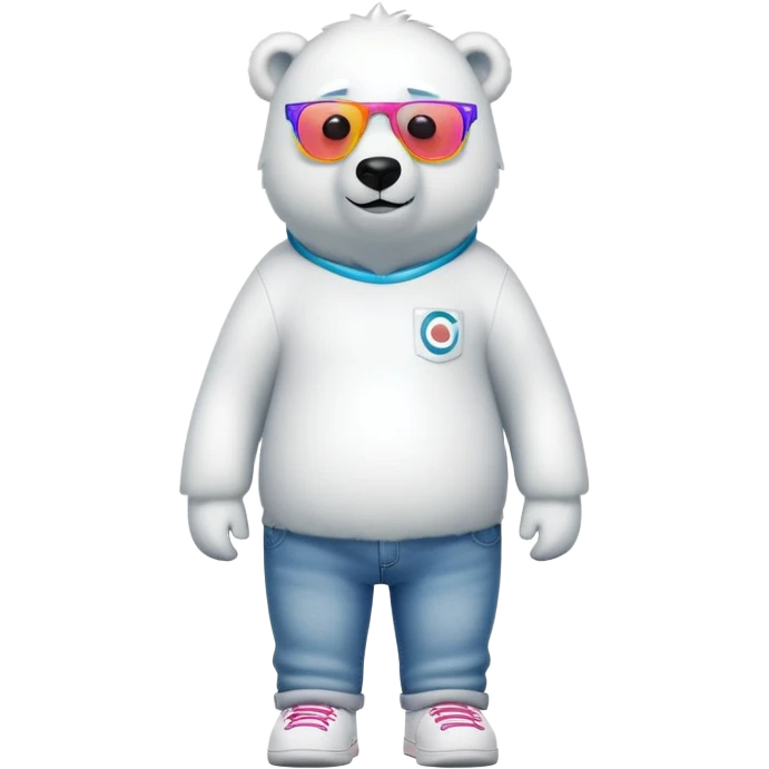 friendly anthropomorphised polar bear standing upright, looking chilled and unbothered, wearing a shirt, jeans, trainers, and spiral-shaped colorful glasses emoji