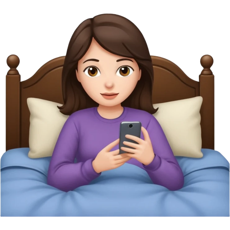 Brunette woman cozy in bed on phone emoji