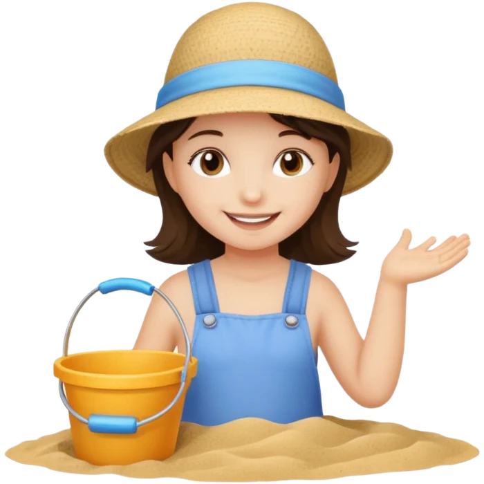 brunet kid girl with toy sand bucket wear sun hat emoji