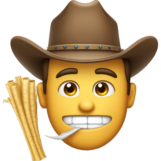 cowboy smirking emoji with piece of straw in his teeth emoji