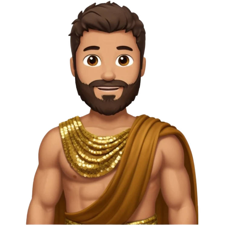 Hercules from Roman Deities with long dark brown hair and beard, bronze sequin toga emoji