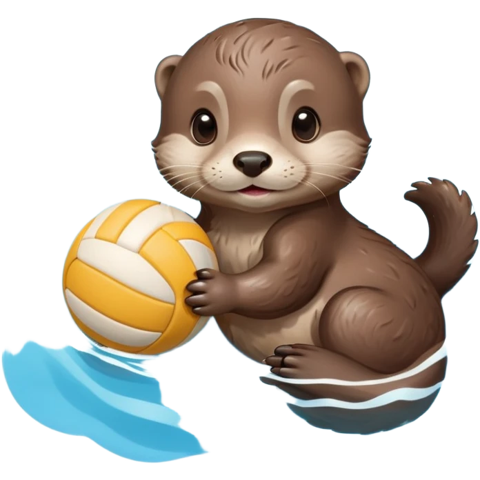 super cute baby otter with gentle expression and soft rounded eyebrows, floating on clearly visible blue water with waves, tiny baby otter with big sweet eyes holding a volleyball with both small paws above water emoji