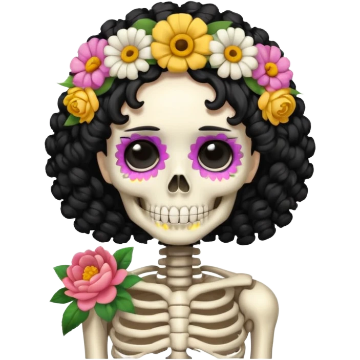 Skeleton with Flower Crown, curley hair black, with flower bouquet emoji