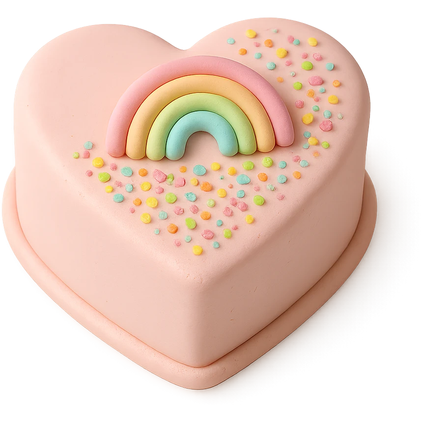 heart-shaped fondant cake with rainbow sugar crystals emoji