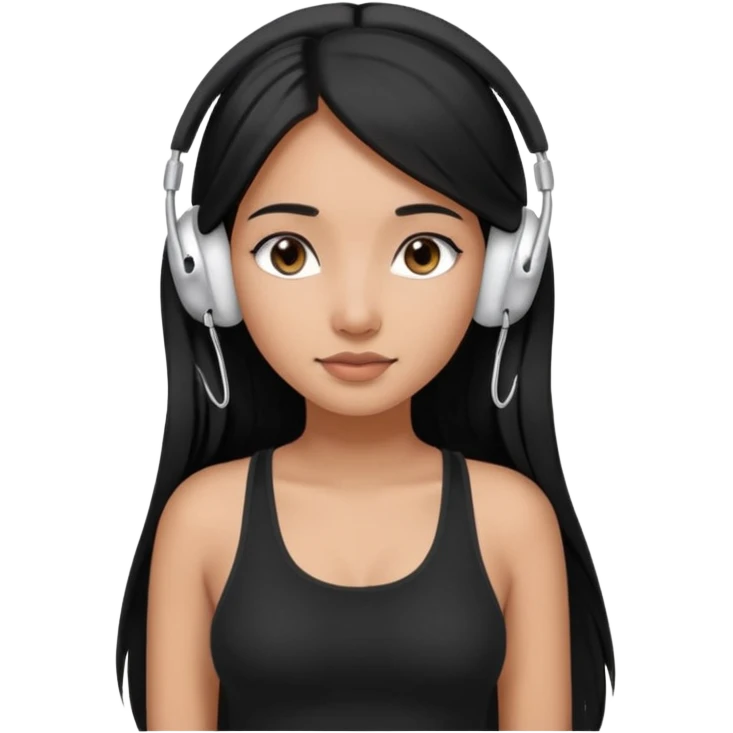 a fair indian girl with straight black long hair, wearing a black cami top. and wearing silver airpods max headphones on emoji