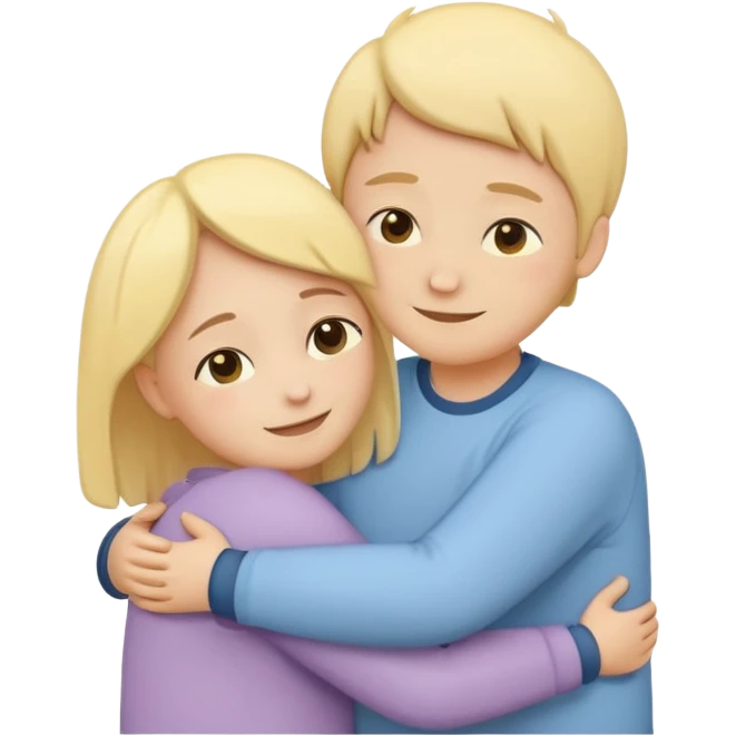 two simplified human characters hugging each other warmly, showing emotional support and friendship, gentle smiles, calm and safe mood, flat custom emoji sticker, soft pastel colors, rounded shapes, minimal details, mental health theme, thick outline, white background, no text emoji