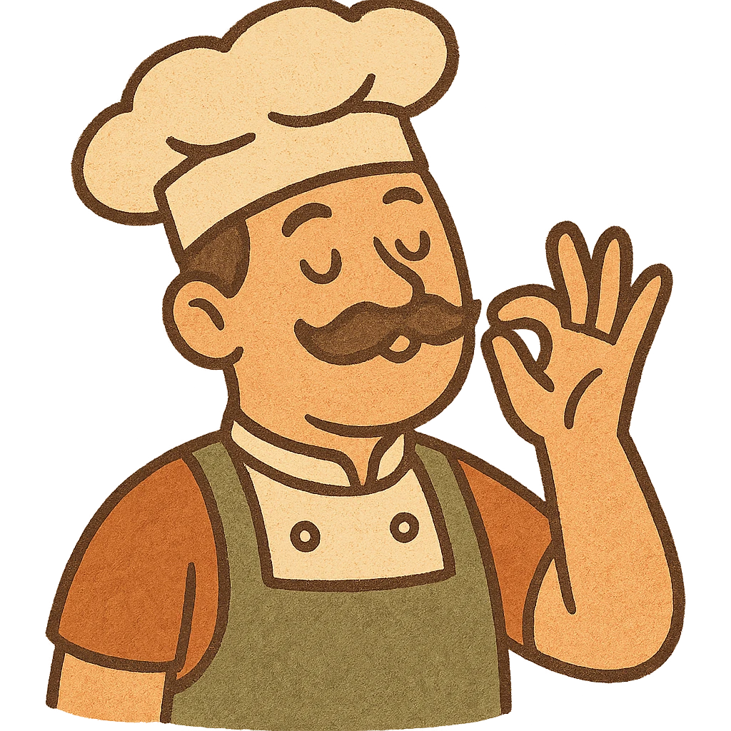 chef making a 'chef's kiss' gesture, expressive, joyful, white chef hat, mustache, cartoon style emoji