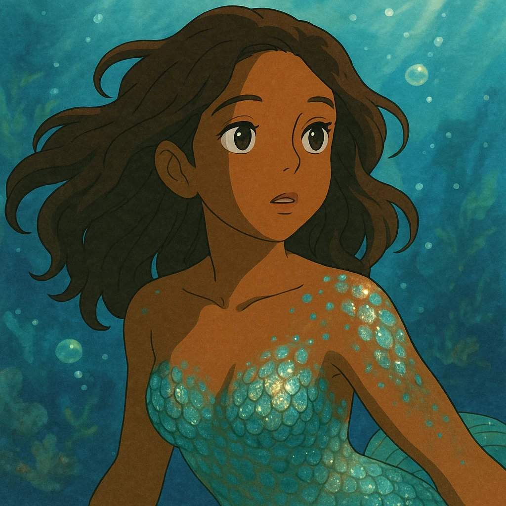 close-up of a mermaid with brown skin, sparkling iridescent scales, dreamy underwater background, ghibli style emoji