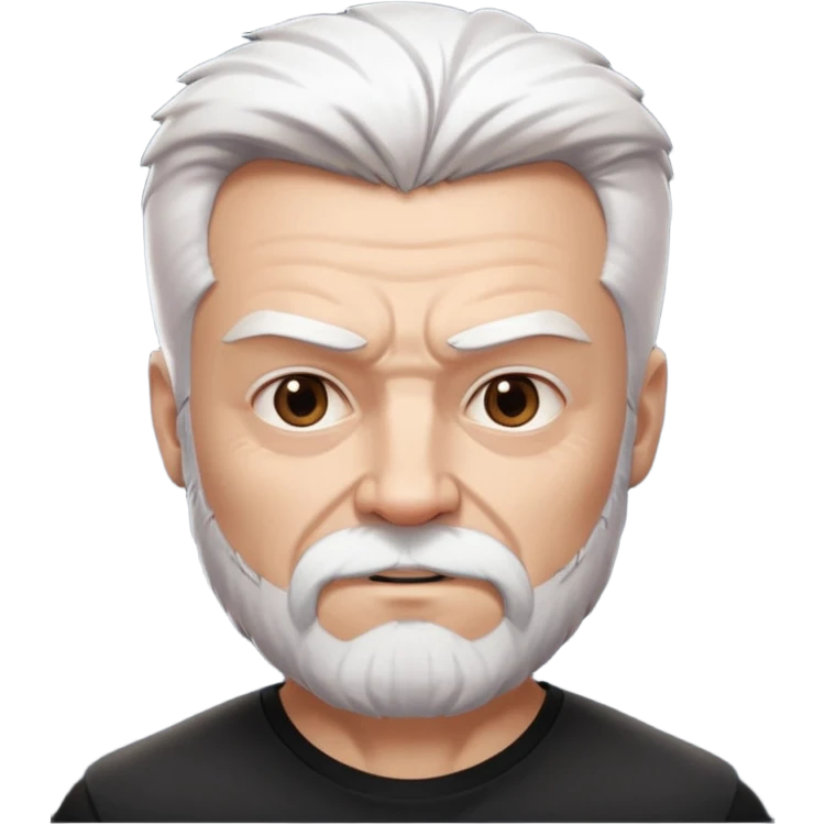 White haired muscled adult man with a black t-shirt. He has white beard and a long goatee. Dark brown eyes and some wrinkles. Attractive, Wolverine vibes. Not too old. emoji