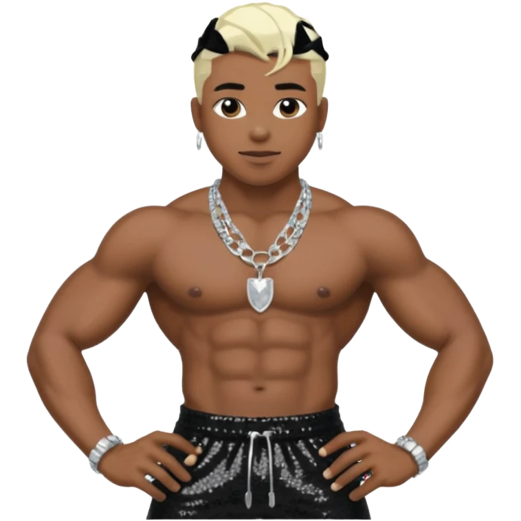 Sisqó with black sequin baggy pants, shirtless with necklace, dark skin, platinum blonde hair emoji