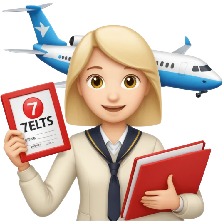 emoji student happy holding certificate IELTS 7.0, success, airplane, white background emoji