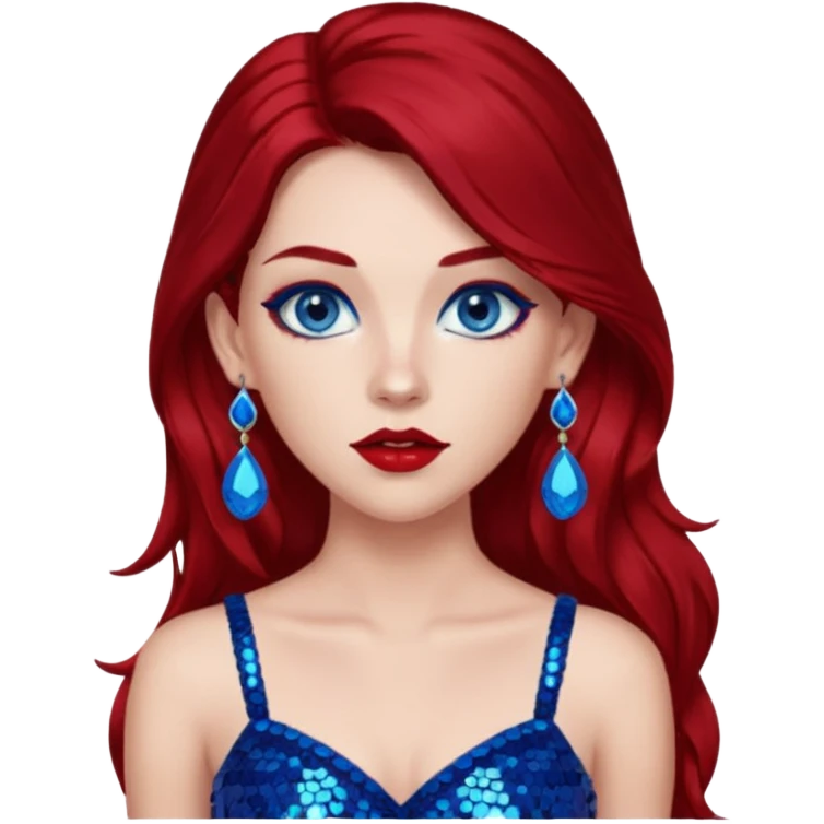 Chappell Roan (b.1998) with long dark red hair, red sequin crop top, red earring, blue eye, makeup emoji