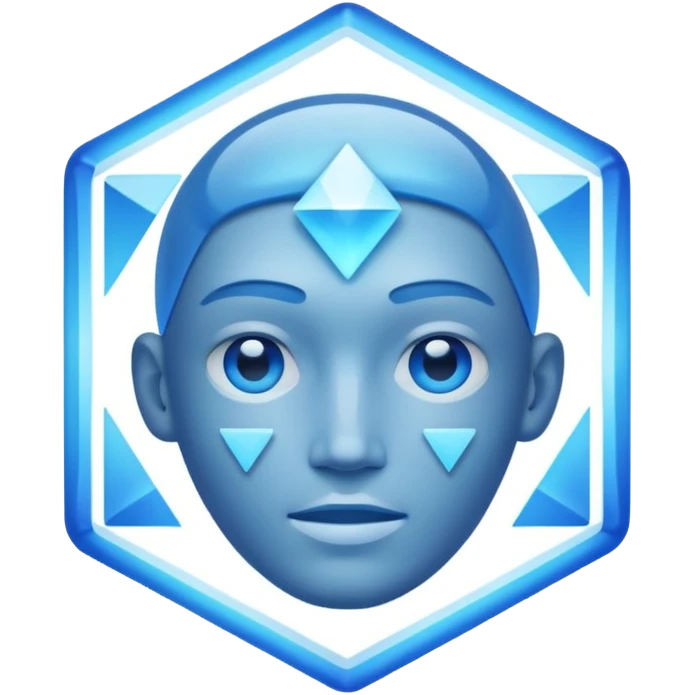 A non-human presence appearing as a glowing blue-white holographic interface with floating geometric shapes or a faint head-and-shoulders outline and no physical facial features. emoji