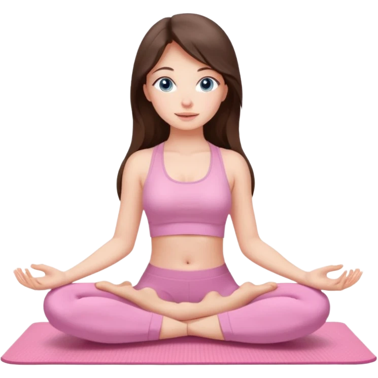 Brunette long hair and blue blue eyes yoga beautiful girl in light pink pink pink clothes sitting on a yoga mat emoji