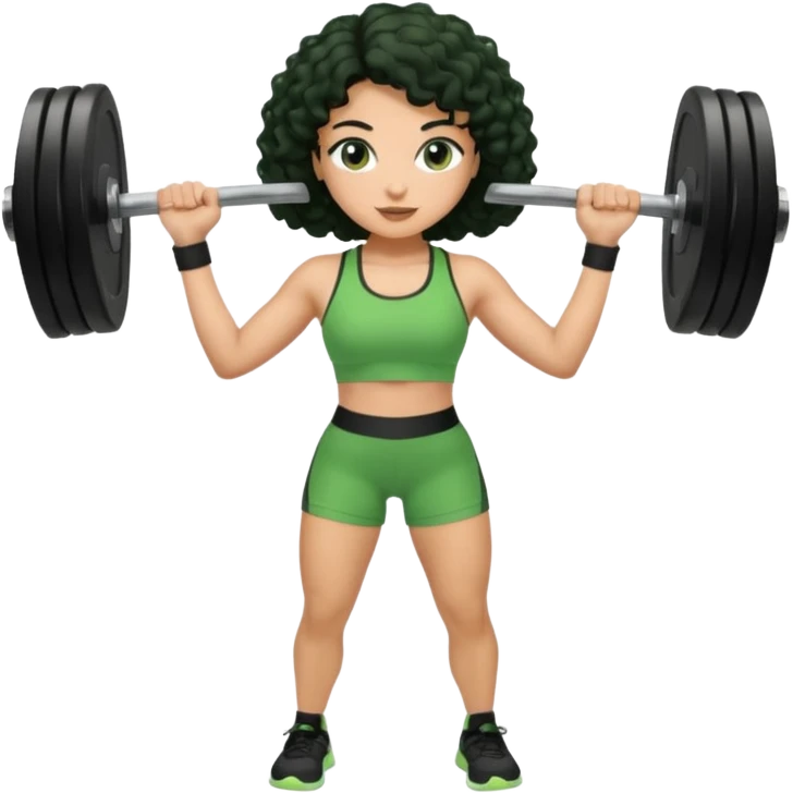woman with olive skin and curly black hair wearing a green workout outfit (shorts) and lifting weights emoji