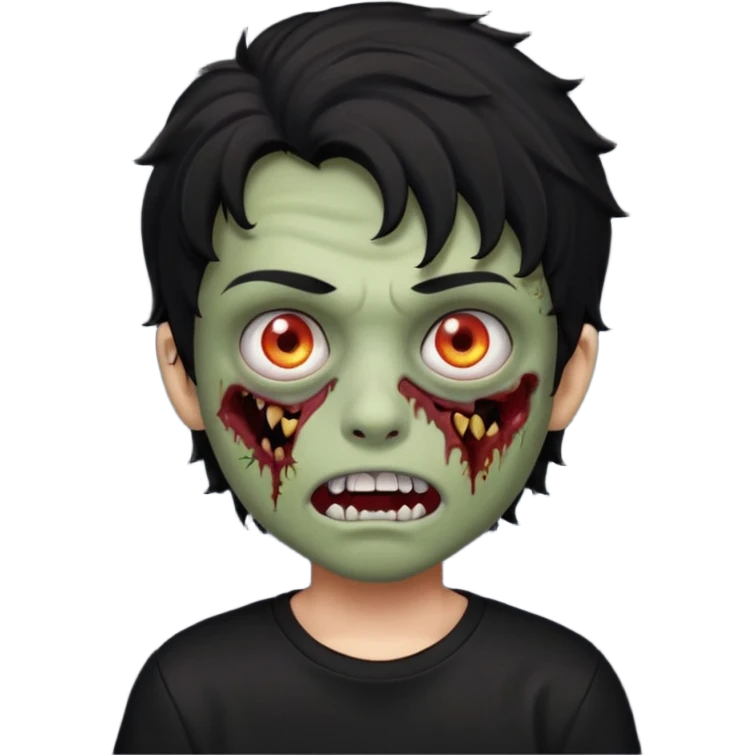 a boy with wavy hair, a zombie-shaped mouth piercing hum, and black hair with a black shirt too emoji