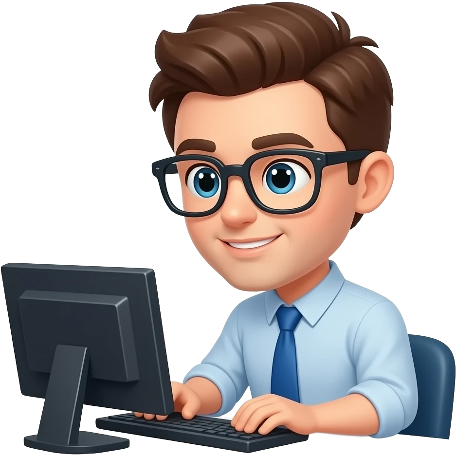 journalist with glasses, very short brown hair working on pc emoji