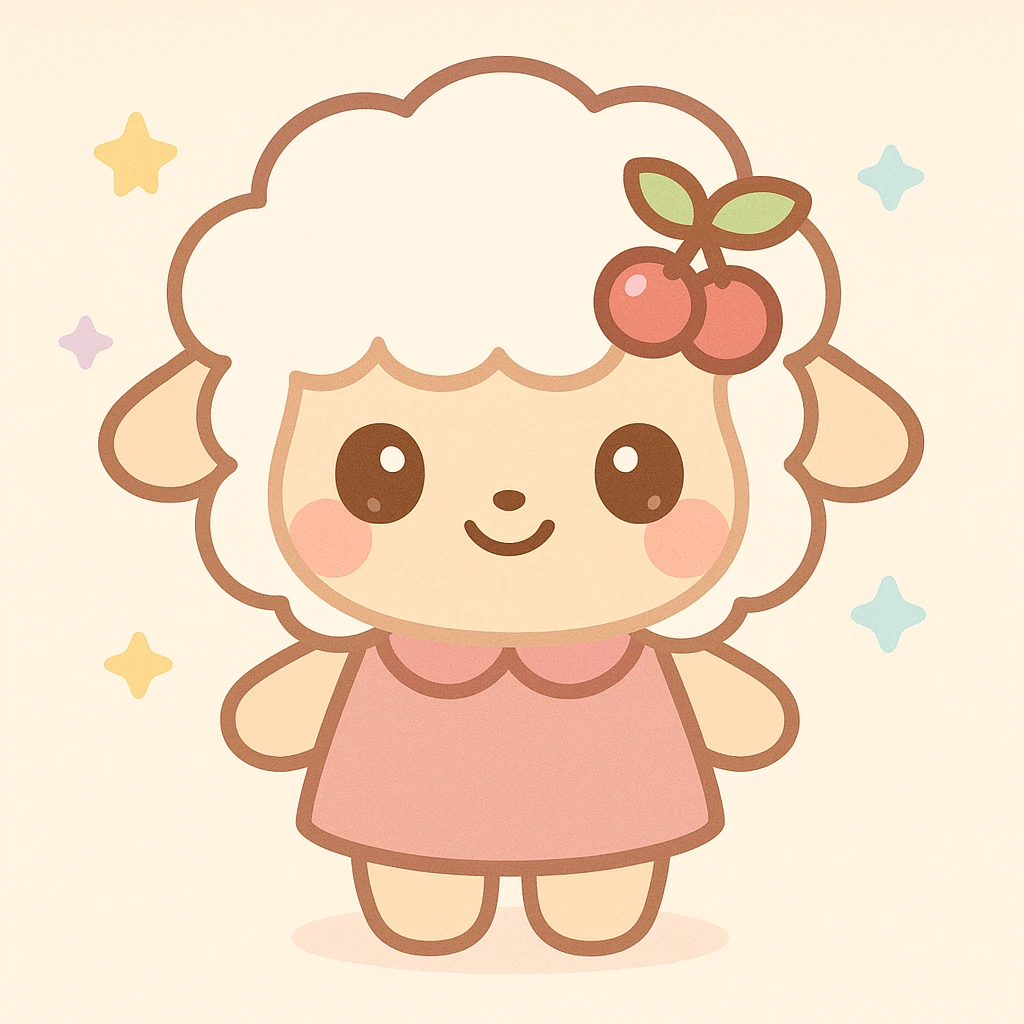 kawaii sheep character with creamy white wool with warm tint, soft warm beige or gentle pastel gray body, rosy cherry pink blush on cheeks, dark brown cocoa eyes with highlight sparkles, deep cherry red cherry hair clip with green leaf detail, outfit or accessory in dusty pink cherry red or pastel coral emoji