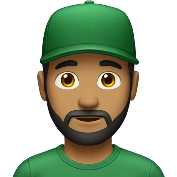 brown man with a dark beard, dark eyes, dark green t-shirt and a black cap emoji