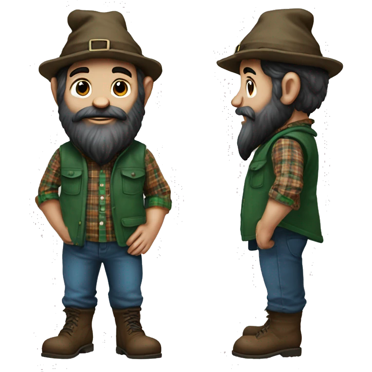 gnome with almost black beard, dark brown eyes, young, with a blue wool hat, brown boots and a green plaid shirt. The body should be cartoonish and not realistic. emoji