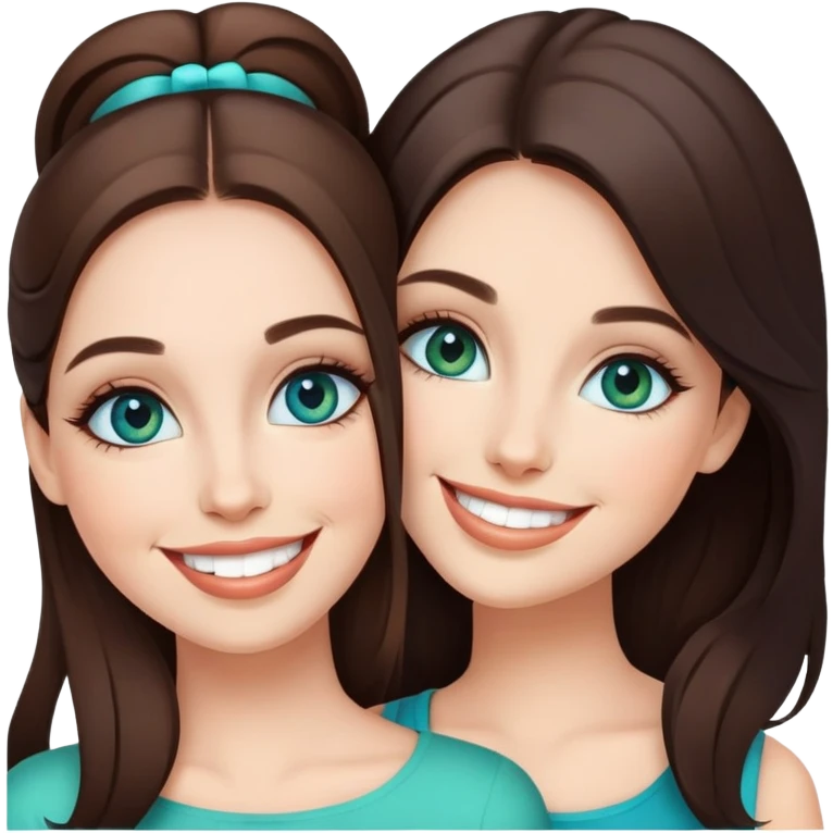 Happy smiley sisters, brunettes, bluegreen eyes, makeup, stylish emoji