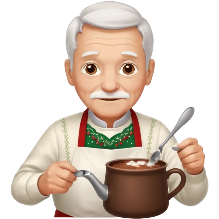 A gentle old man in a festive sweater and a white apron, stirring a pot of rich hot chocolate. emoji
