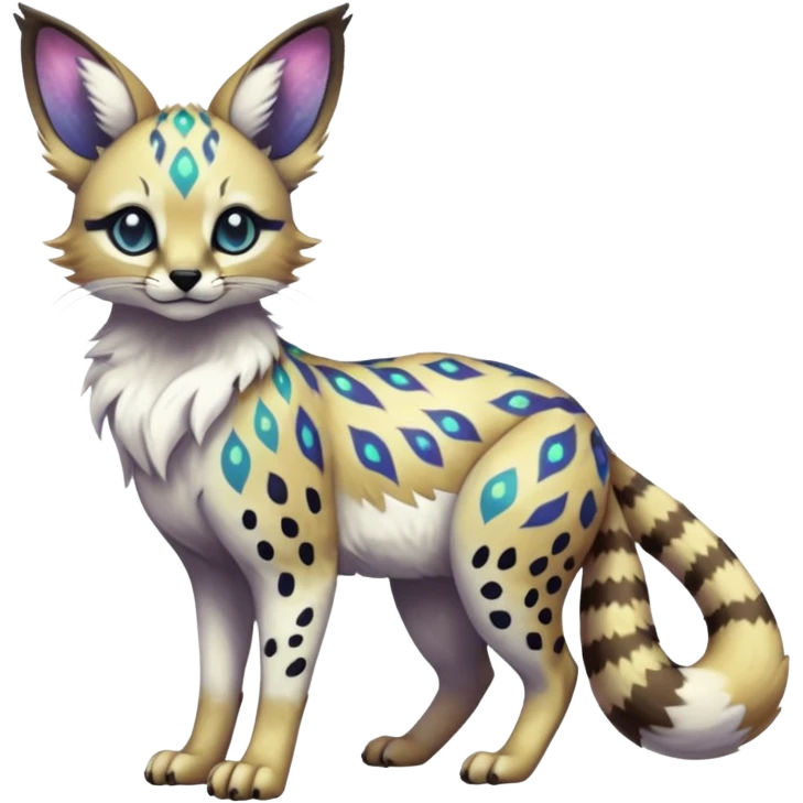 Rare iridescent white exotic epic aesthetic colorful Trico-Eevee-Serval-Genet-Civet-species-Fakemon-hybrid-creature, with intricate tattoo markings, full body emoji