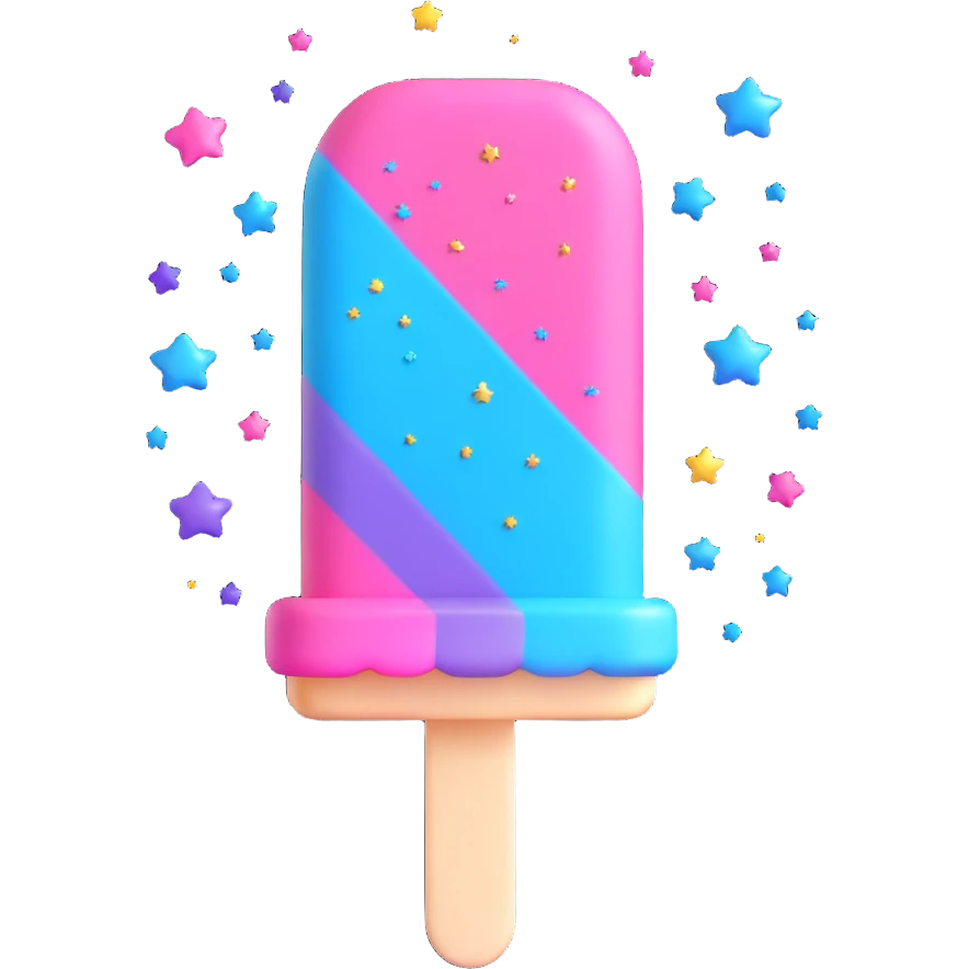 A popsicle with pink, blue, and purple colors, with a star on top, surrounded by small stars and sparkles. emoji